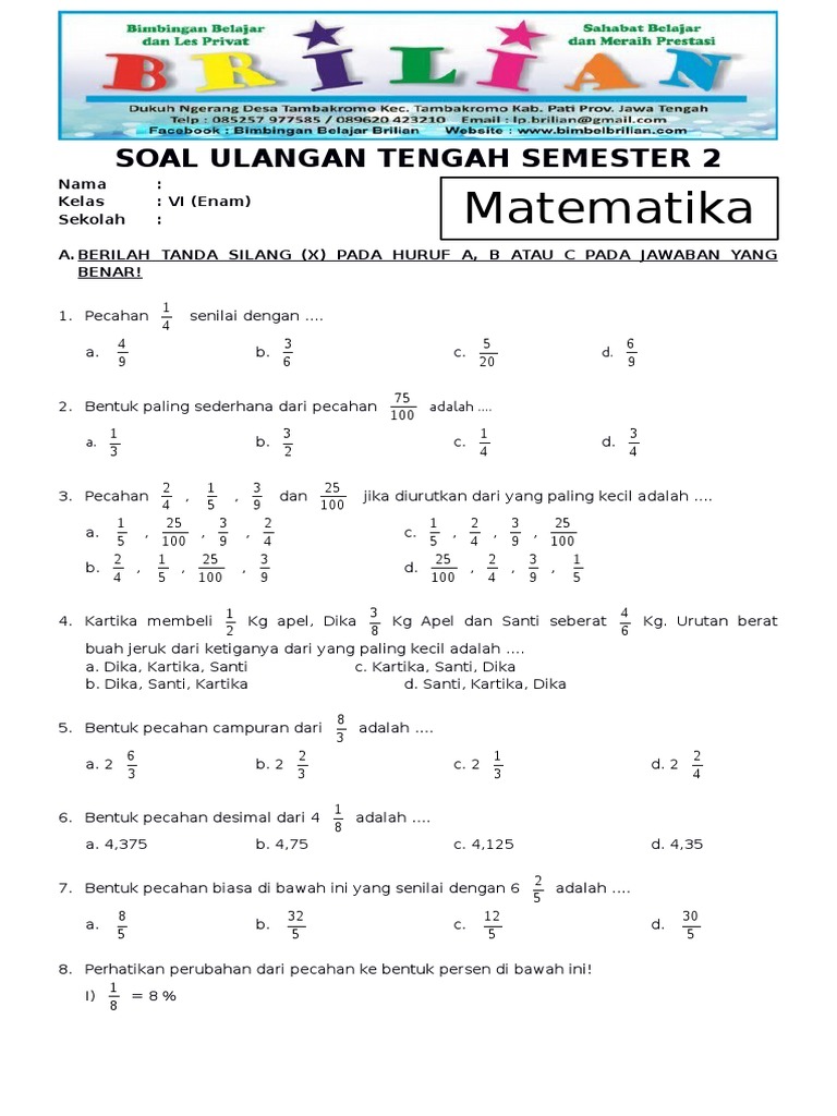 5 Rahasia Nilai Sempurna Soal PAT Matematika Kelas 6 Semester 2 Kurikulum 2013 Terbukti Ampuh
