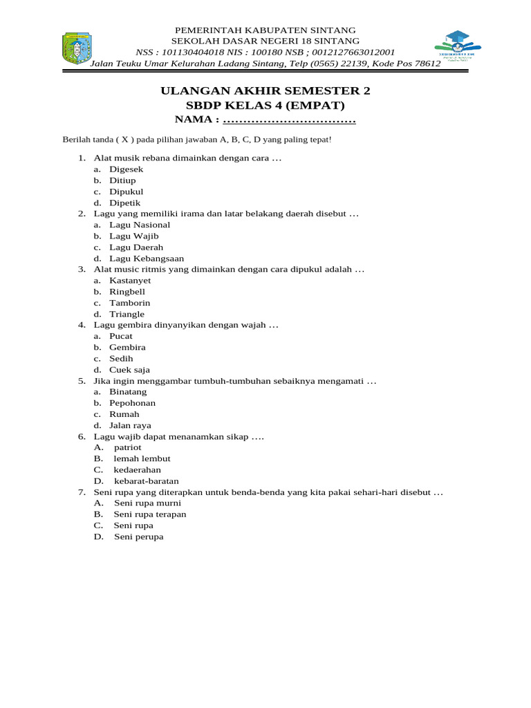 UAS SBDP Kelas 4 SD Sintang PDF UAS SBDP Kelas 4 SD Sintang PDF