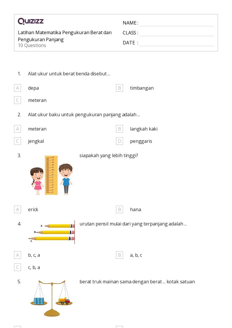 50 lembar kerja Pengukuran dan Kesetaraan untuk Kelas 1 di Quizizz