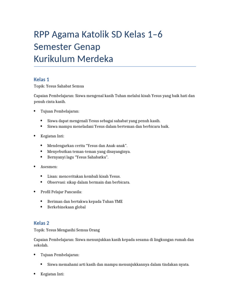 RPP Agama Katolik Kelas 1-6 Semester 2 PDF