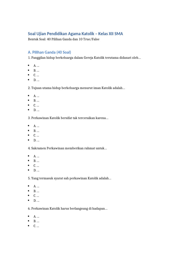 Soal Ujian Agama Katolik Kelas XII PDF Soal Ujian Agama Katolik Kelas XII PDF