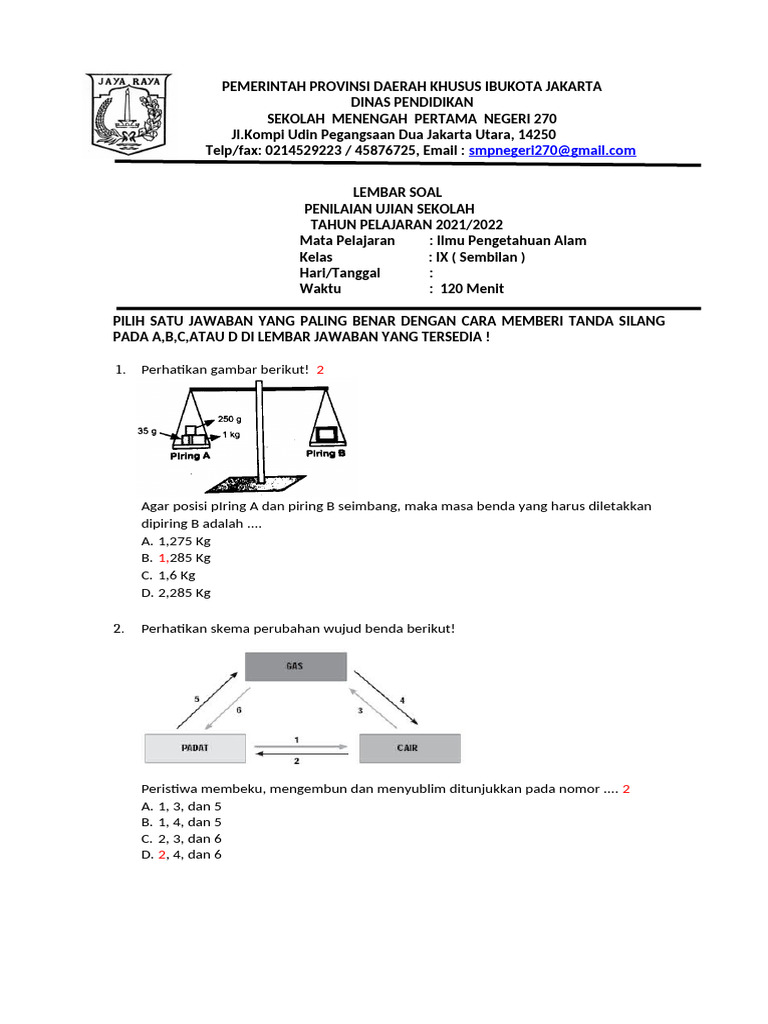 Soal Ujian Sekolah IPA Kelas IX 2021 2022 PDF Soal Ujian Sekolah IPA Kelas IX 2021 2022 PDF