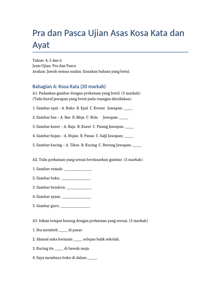 Ujian Kosa Kata dan Ayat Tahun 4-6 PDF