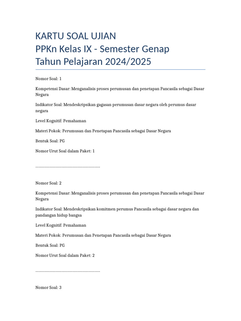 Kartu Soal Ujian PPKn Kelas IX 2024 PDF