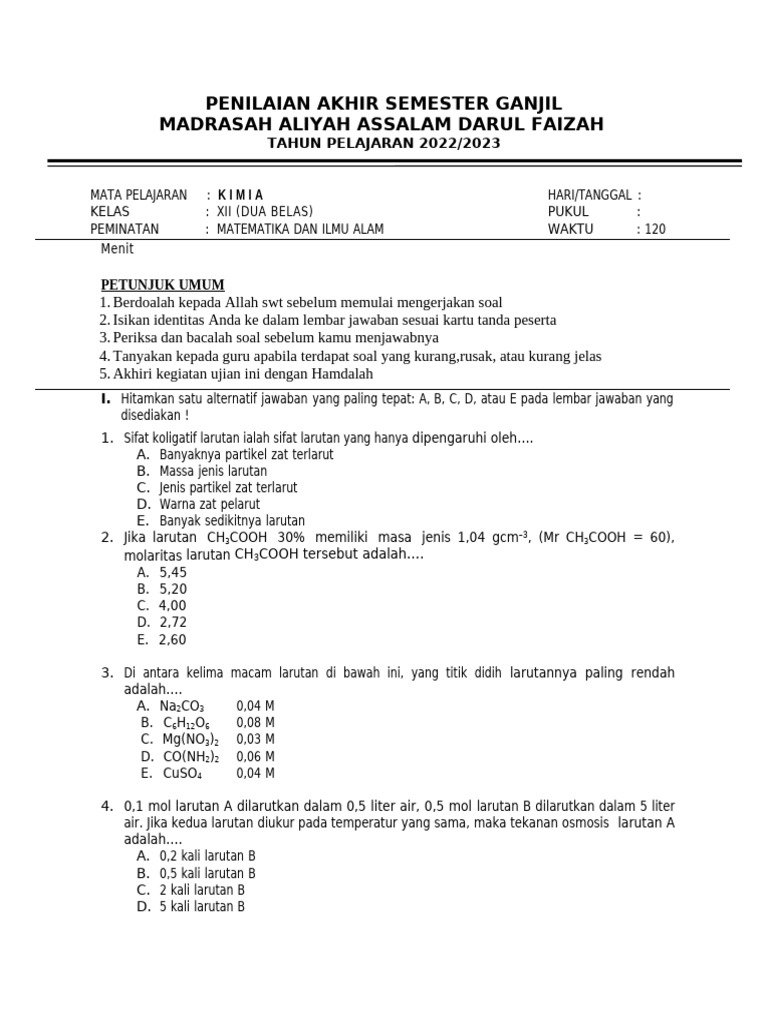 Ujian Akhir Kimia Kelas XII MA 2022 2023 PDF