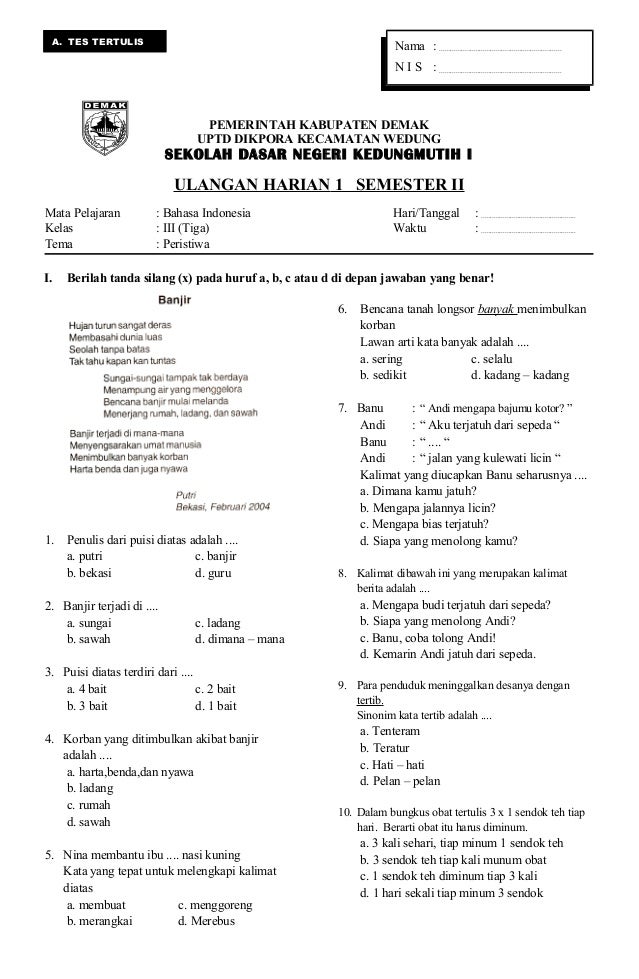 Soal Uas Bahasa Indonesia Kelas 3 Semester 1 Dalchaebi Soal Uas Bahasa Indonesia Kelas 3 Semester 1 Dalchaebi