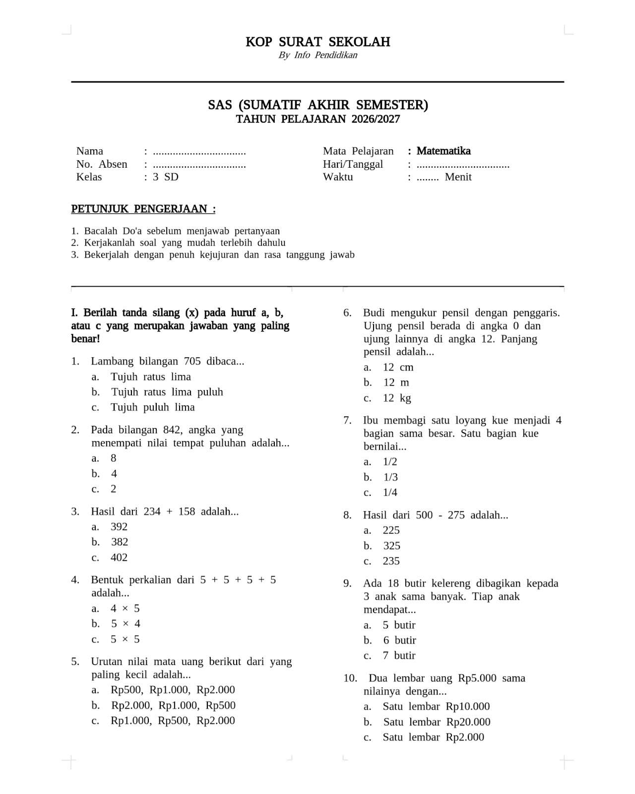 Paket 2 Soal SAS Matematika SD Kelas 3 Semester 1 dan Kunci Jawaban