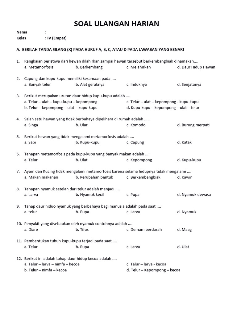 50 Soal Jawab IPA Kelas 4 Daur Hidup Hewan 50 Soal Jawab IPA Kelas 4 Daur Hidup Hewan