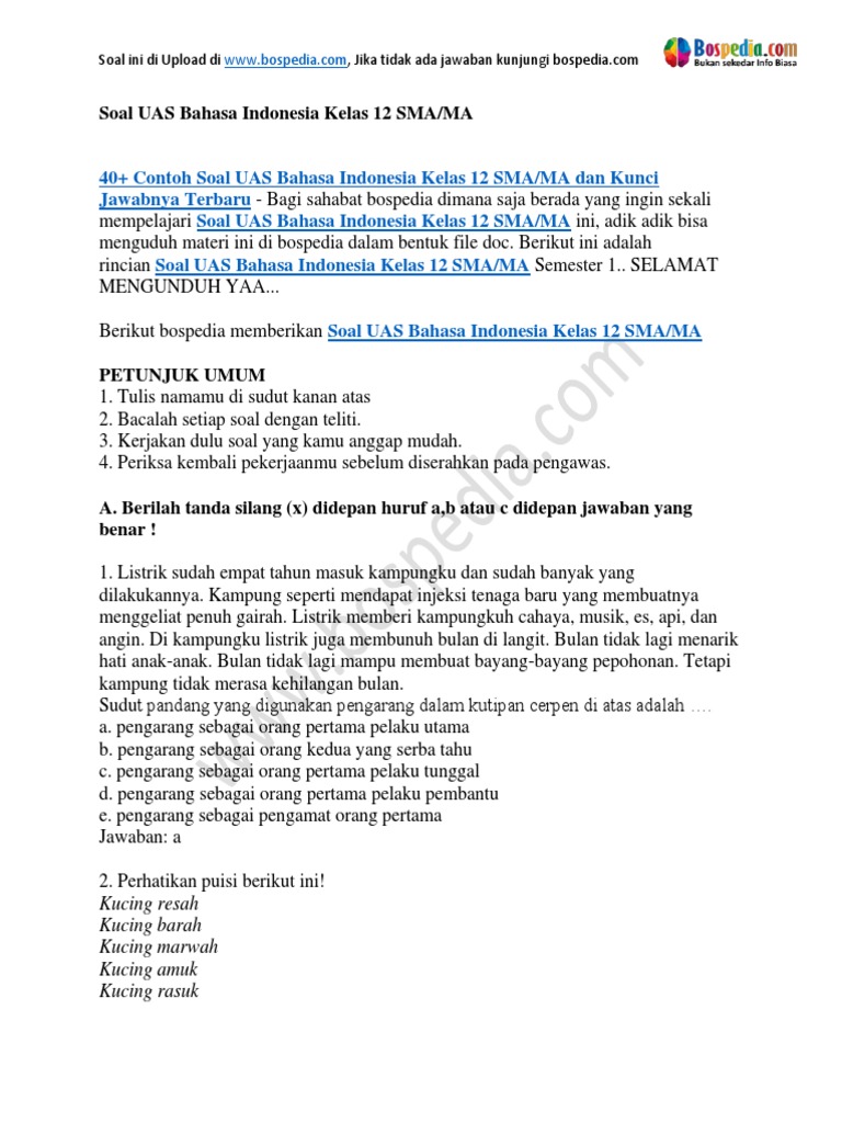 7 Contoh Soal UAS Bahasa Indonesia Kelas 12 SMK SMT 2 yang Wajib Diketahui Sebelum Ujian!