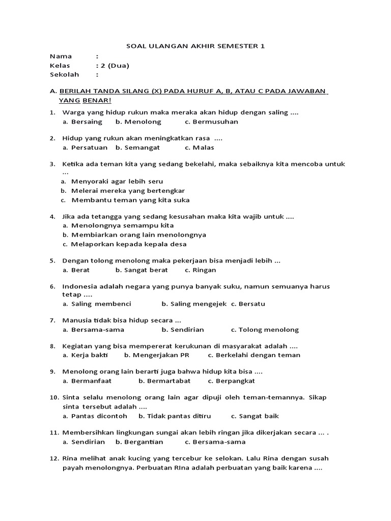 7 Contoh Soal UAS PKN Kelas 2 SD Semester 1 yang Wajib Dilatih agar Anak Tembus Nilai 100