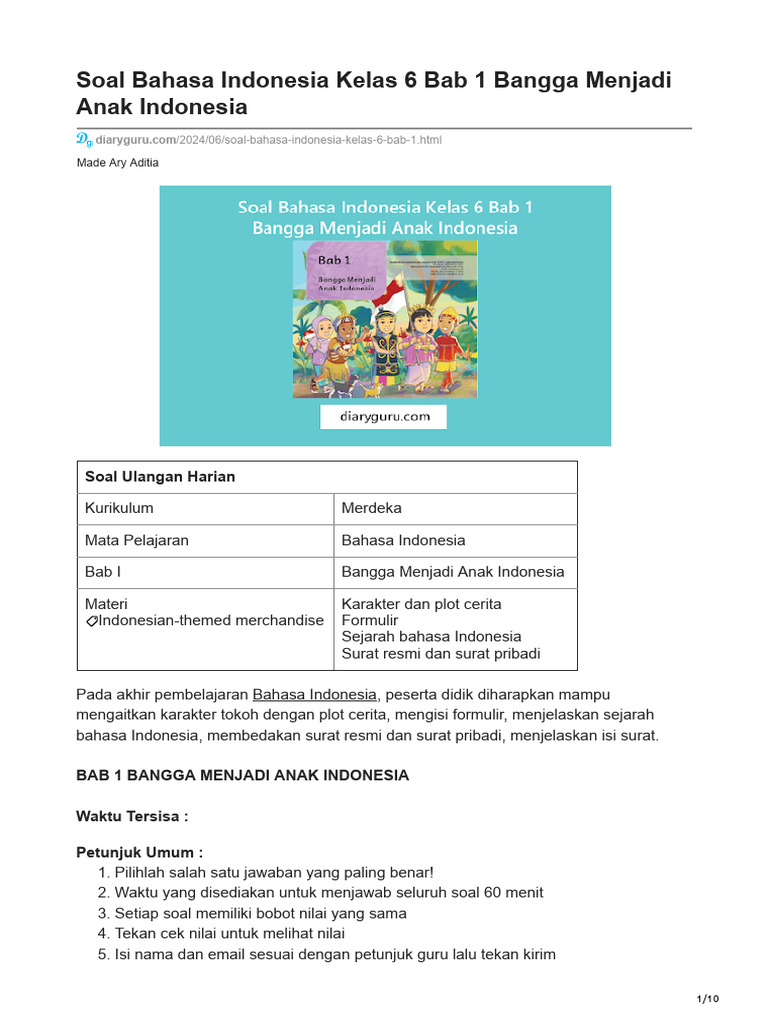 Soal Bahasa Indonesia Kelas 6 Bab 1 PDF