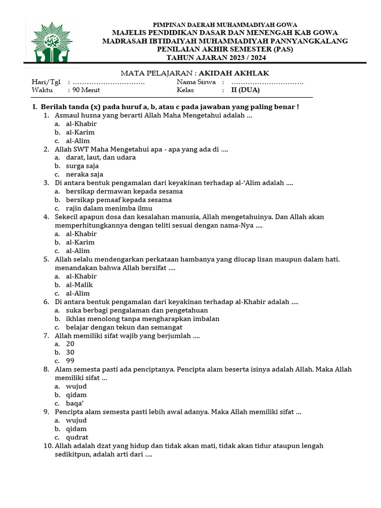 Contoh Soal UAS Aqidah Akhlak Kelas 2 MI Semester 1: 15 Soal Ternyata Sering Muncul, Wajib Dipelajari Sebelum Ujian Contoh Soal UAS Aqidah Akhlak Kelas 2 MI Semester 1: 15 Soal Ternyata Sering Muncul, Wajib Dipelajari Sebelum Ujian