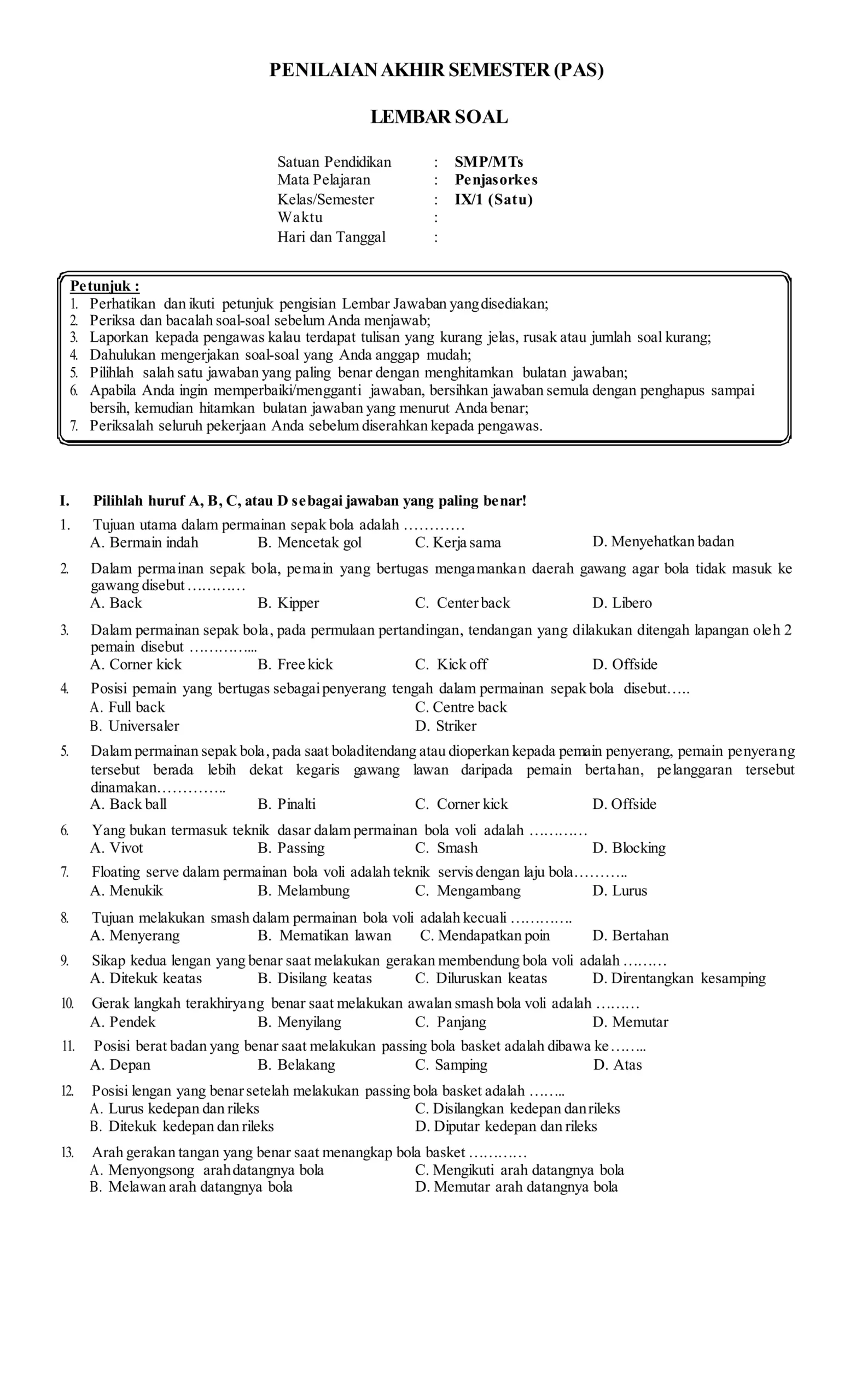 Terbukti 7 Contoh Soal UAS PJOK Kelas 9 Semester 1 yang Wajib Kamu Kuasai Sebelum Ujian! Terbukti 7 Contoh Soal UAS PJOK Kelas 9 Semester 1 yang Wajib Kamu Kuasai Sebelum Ujian!