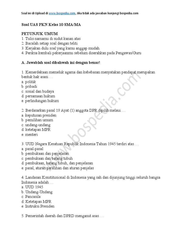 Soal UAS PKN Kelas 10 Semester 1 2 PDF Soal UAS PKN Kelas 10 Semester 1 2 PDF