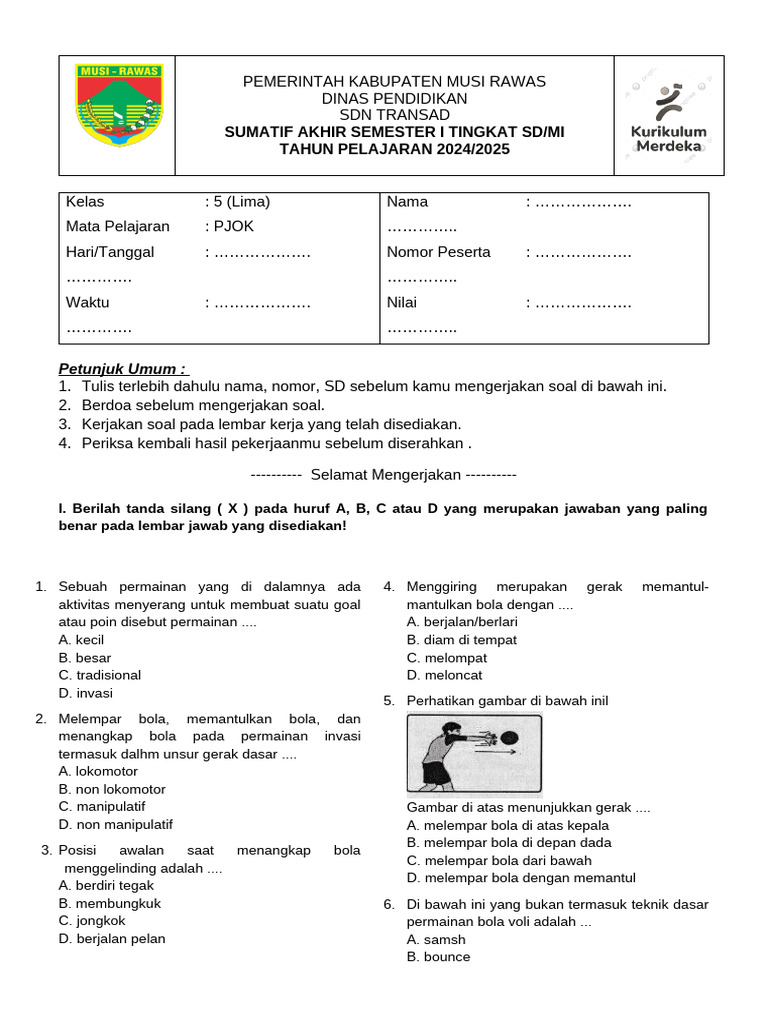 Soal PJOK Kelas 5 Semester 1 PDF Soal PJOK Kelas 5 Semester 1 PDF