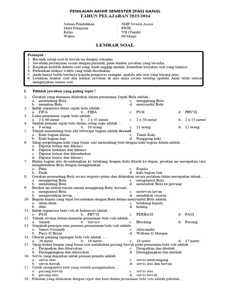 Wajib Tahu 7 Contoh Soal UAS PJOK Kelas 7 Semester 1 Kurikulum 2013 yang Sering Muncul Wajib Tahu 7 Contoh Soal UAS PJOK Kelas 7 Semester 1 Kurikulum 2013 yang Sering Muncul