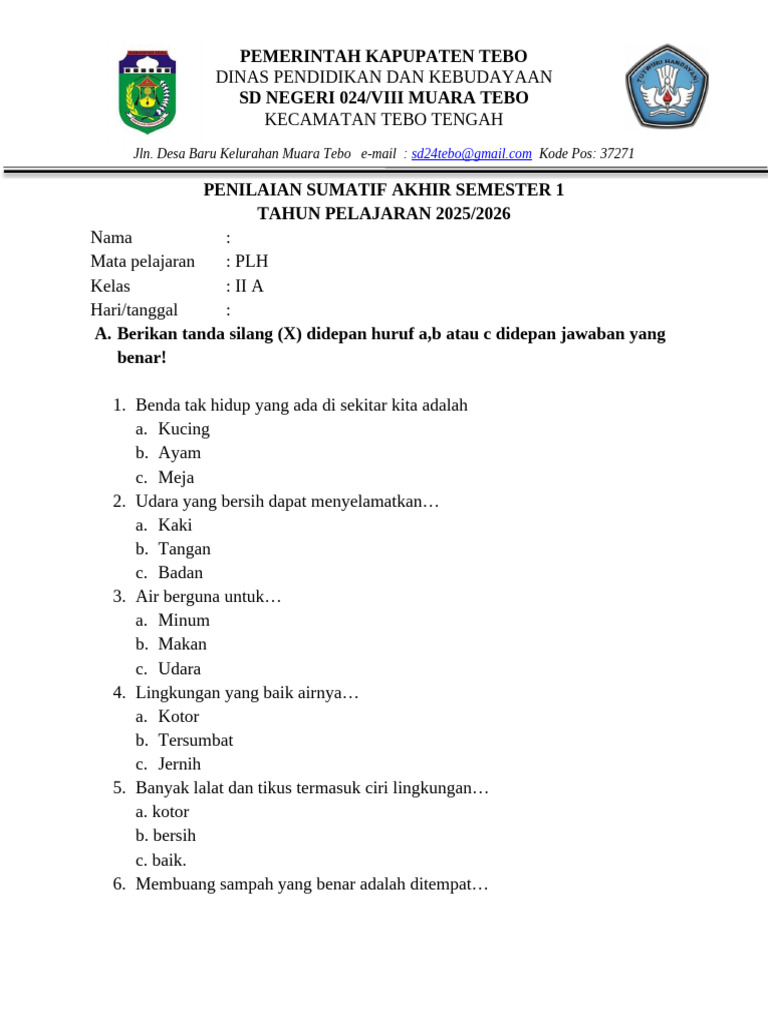 Penilaian Akhir Semester PLH Kelas II A PDF Penilaian Akhir Semester PLH Kelas II A PDF