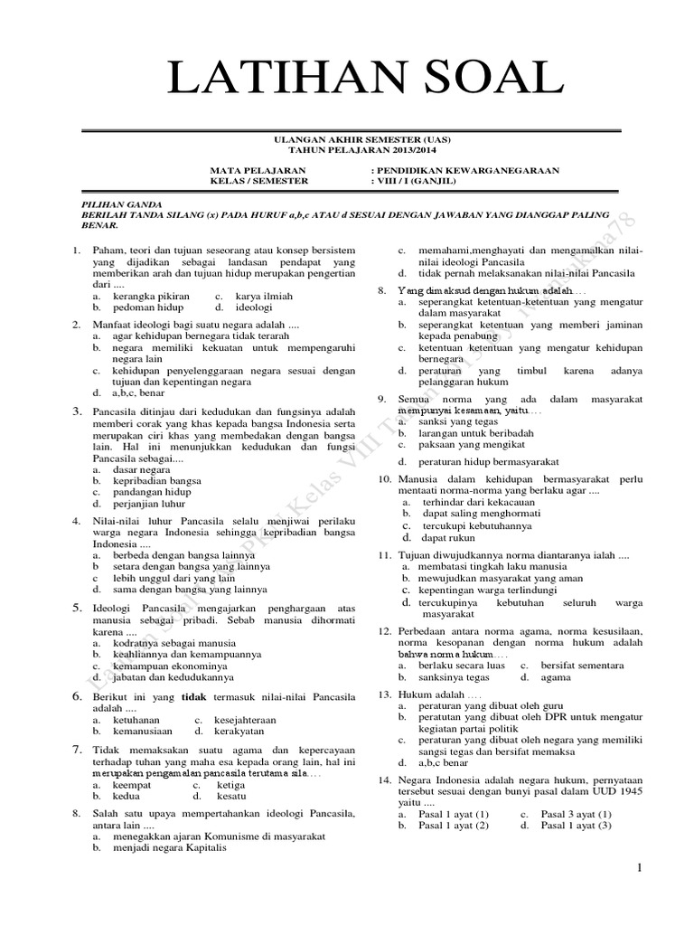 contoh soal uas pkn kelas 7 semester 1 kurikulum 2013