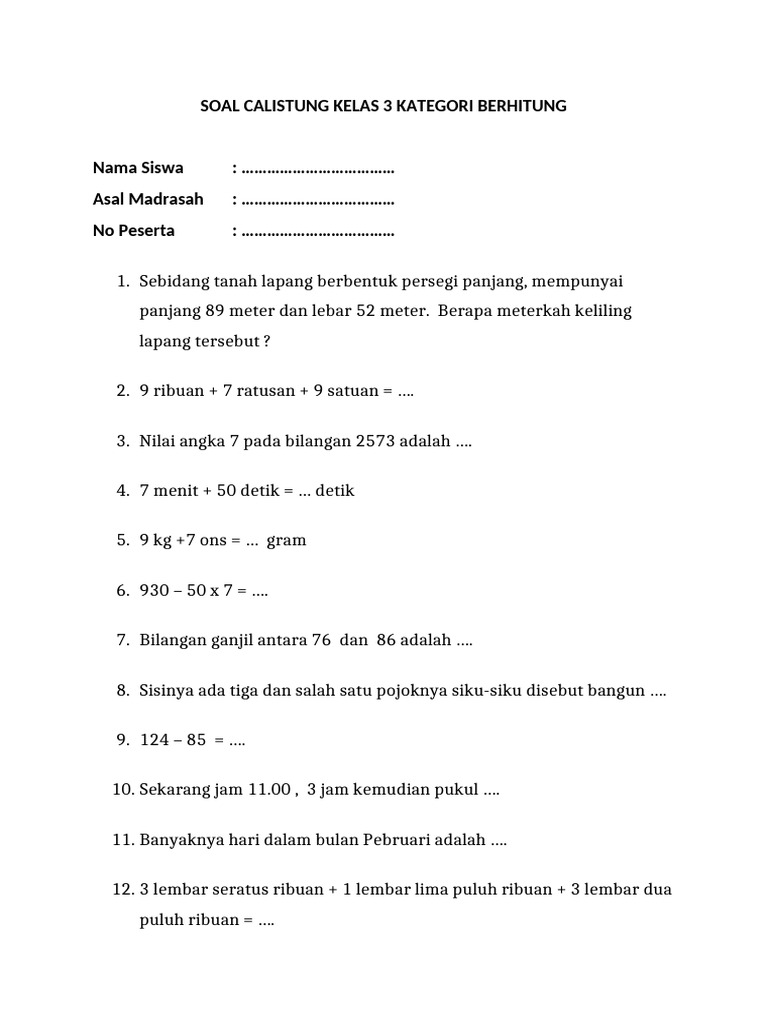 Soal Calistung Kelas 3 Berhitung PDF Soal Calistung Kelas 3 Berhitung PDF