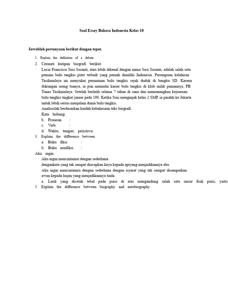 Rahasia Nilai Sempurna dengan Contoh Soal Essay Bahasa Indonesia Kelas 10 Semester 1 Rahasia Nilai Sempurna dengan Contoh Soal Essay Bahasa Indonesia Kelas 10 Semester 1