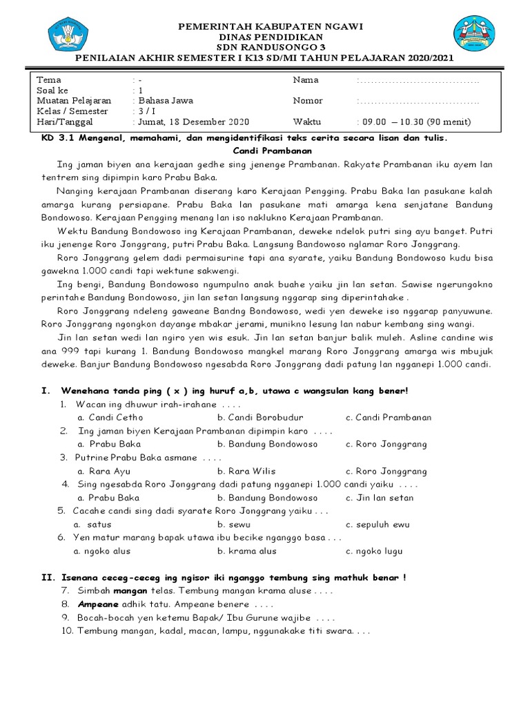 Siapkan Ujian Sekarang, Download Soal Bahasa Jawa Kelas 3 Semester 1 Terbaru di Sini